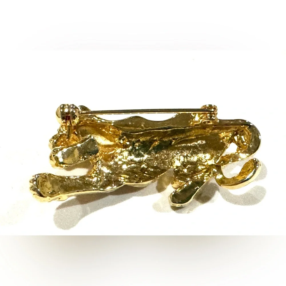 Vintage Gold and Black Leopard Brooch with Red Eyes